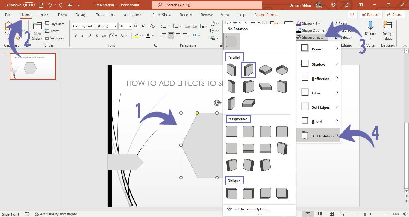 Adjusting 3-D shape rotation in PowerPoint