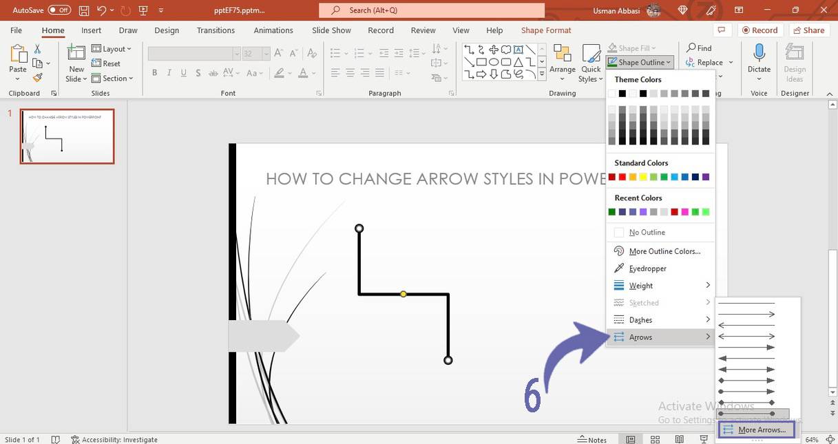 Changing the arrow styles of line in PowerPoint