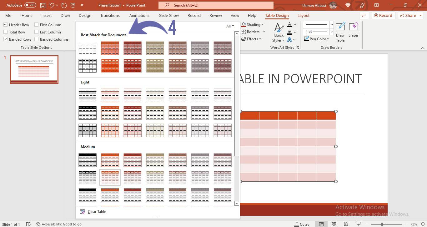 Customizing the table style options in PowerPoint
