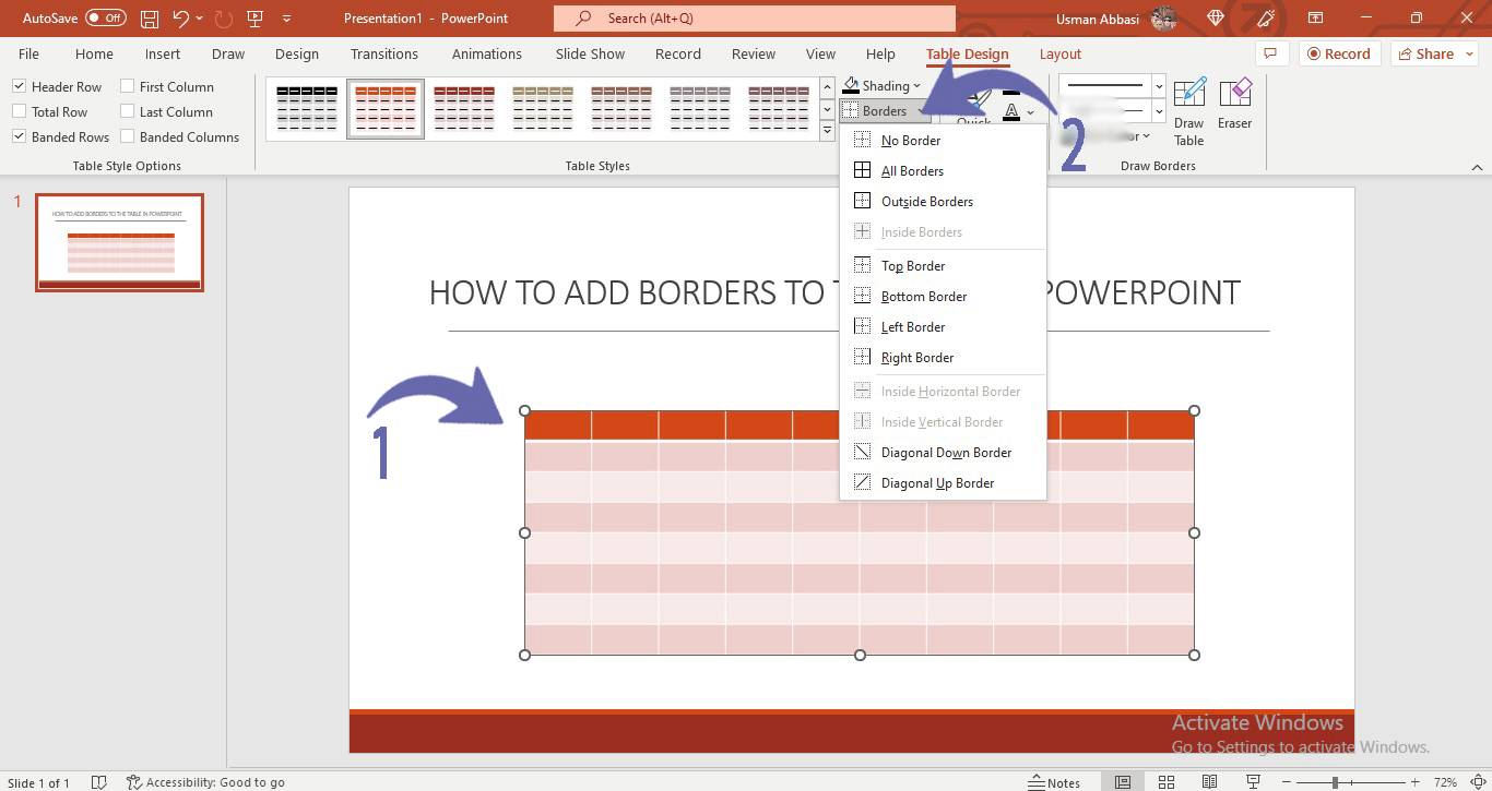 Adding borders to the the table in PowerPoint