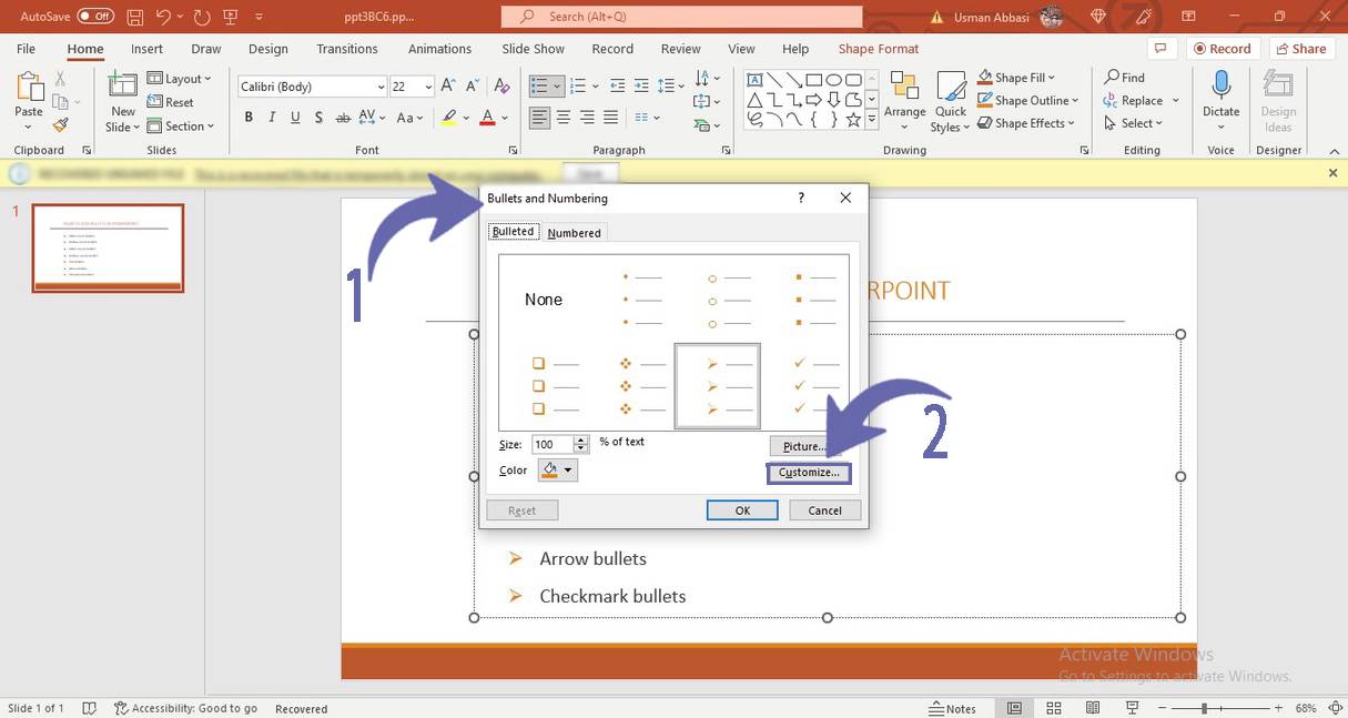 Customizing bullet points in PowerPoint 