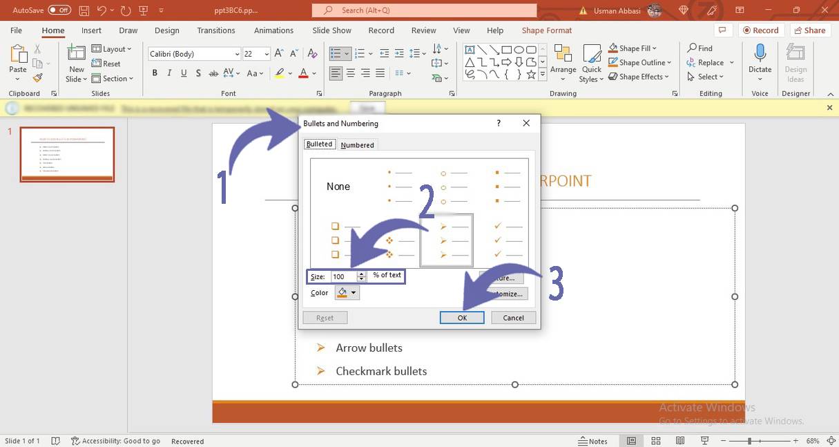Customizing bullet points size in PowerPoint