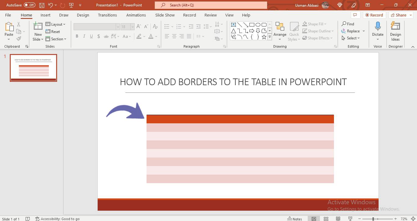 Adding borders to the the table in PowerPoint