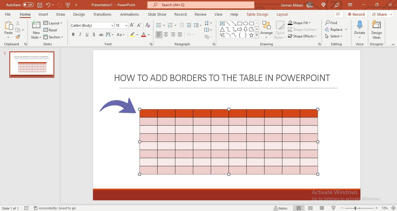 Adding borders to the the table in PowerPoint