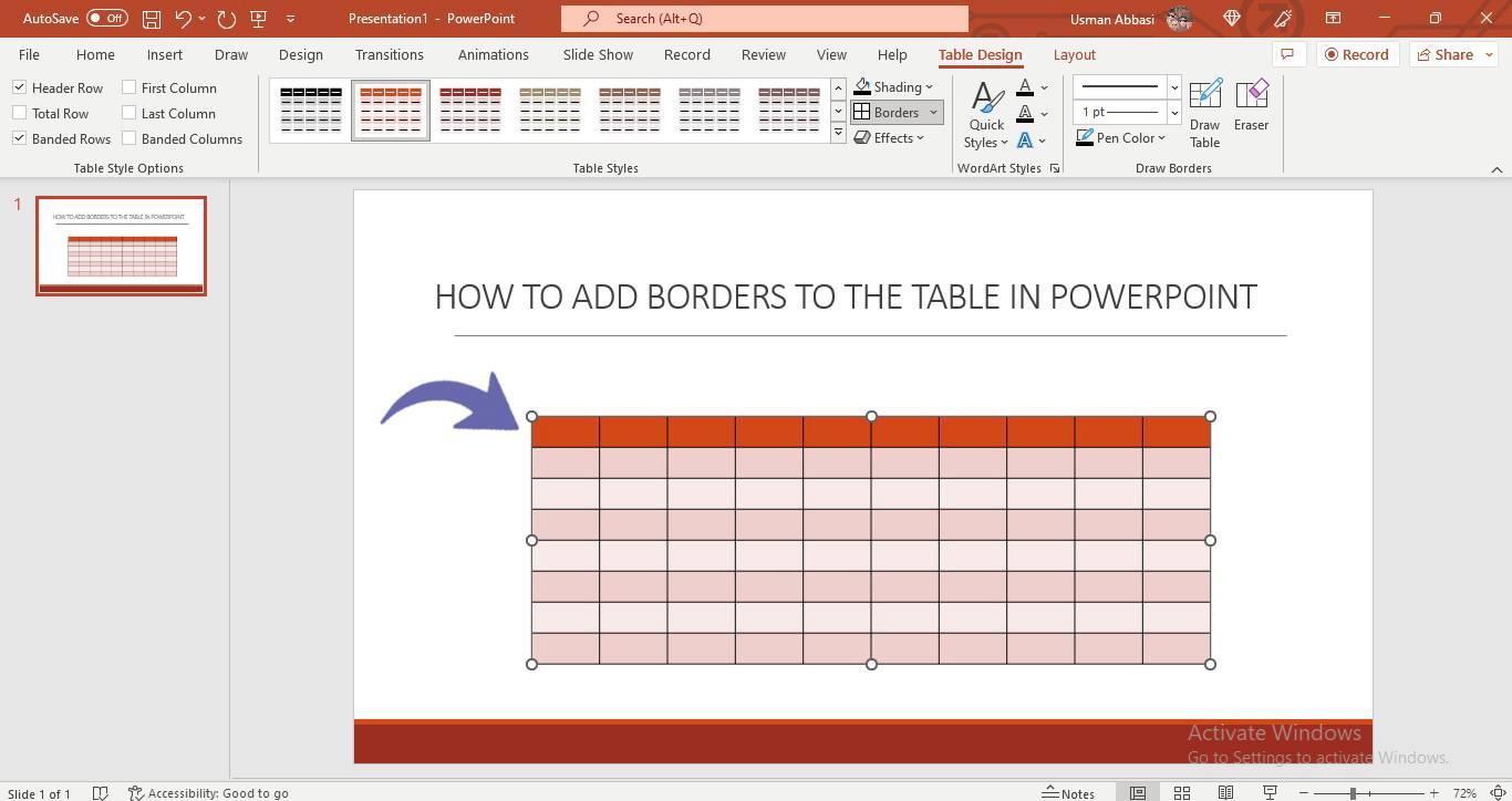 Adding borders to the the table in PowerPoint