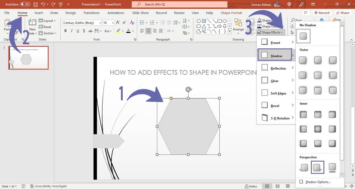 Applying shadow effect to the shape in PowerPoint