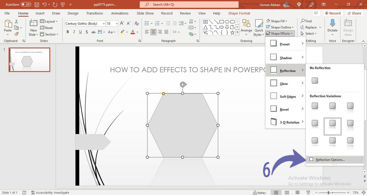 Adjusting reflection effect of a shape in PowerPoint