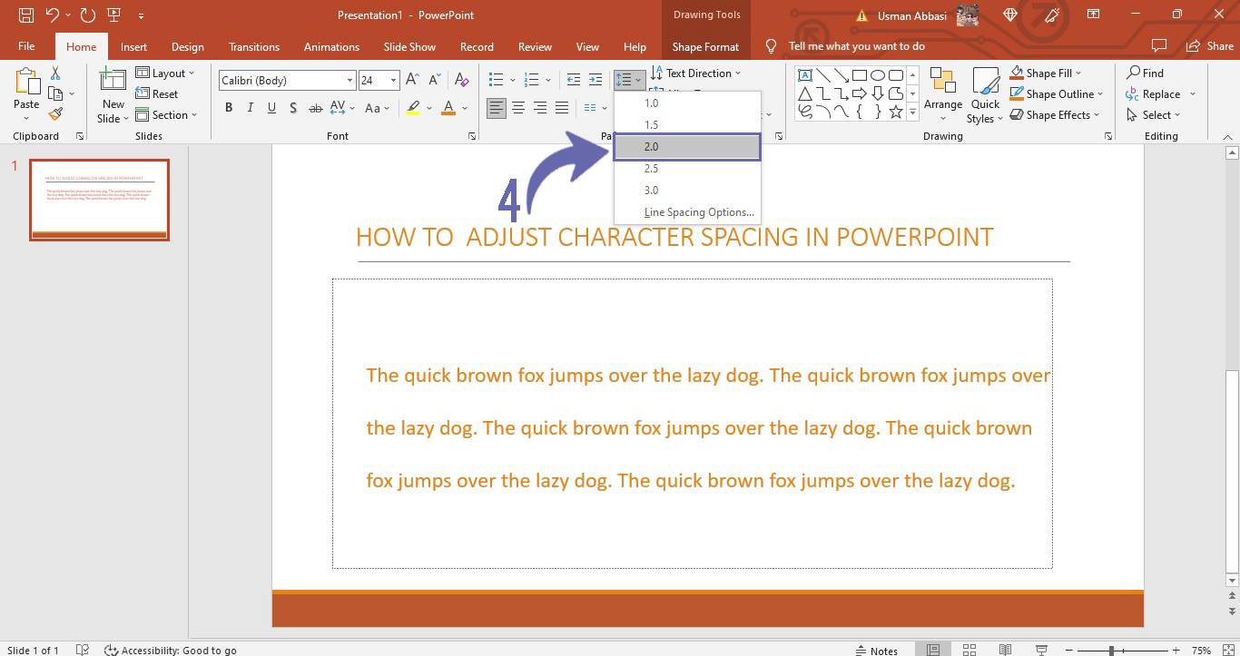 Adjusting character line spacing in PowerPoint