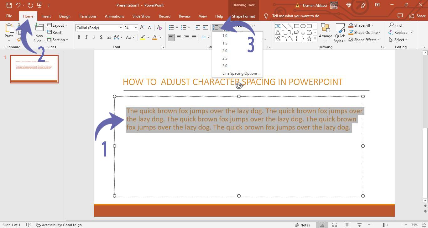 Adjusting character line spacing in PowerPoint