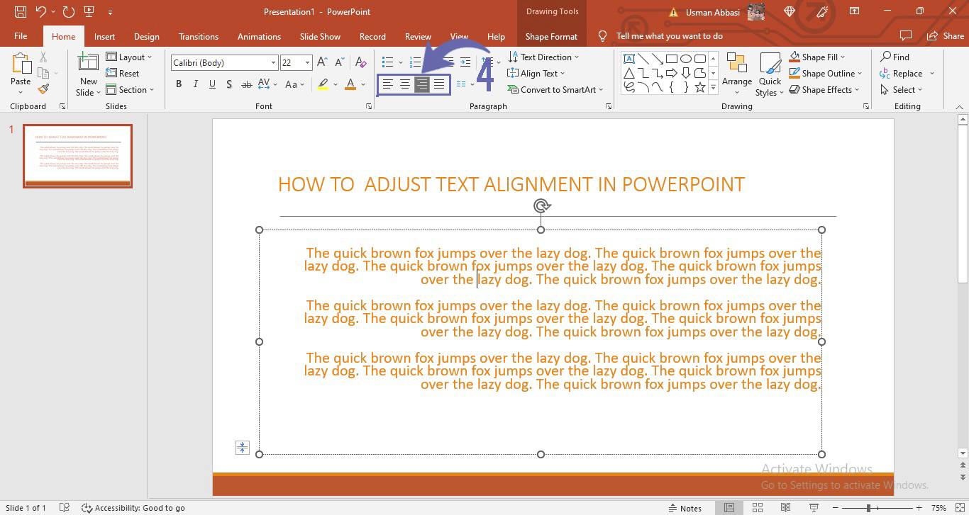 Adjusting horizontal text alignment in PowerPoint