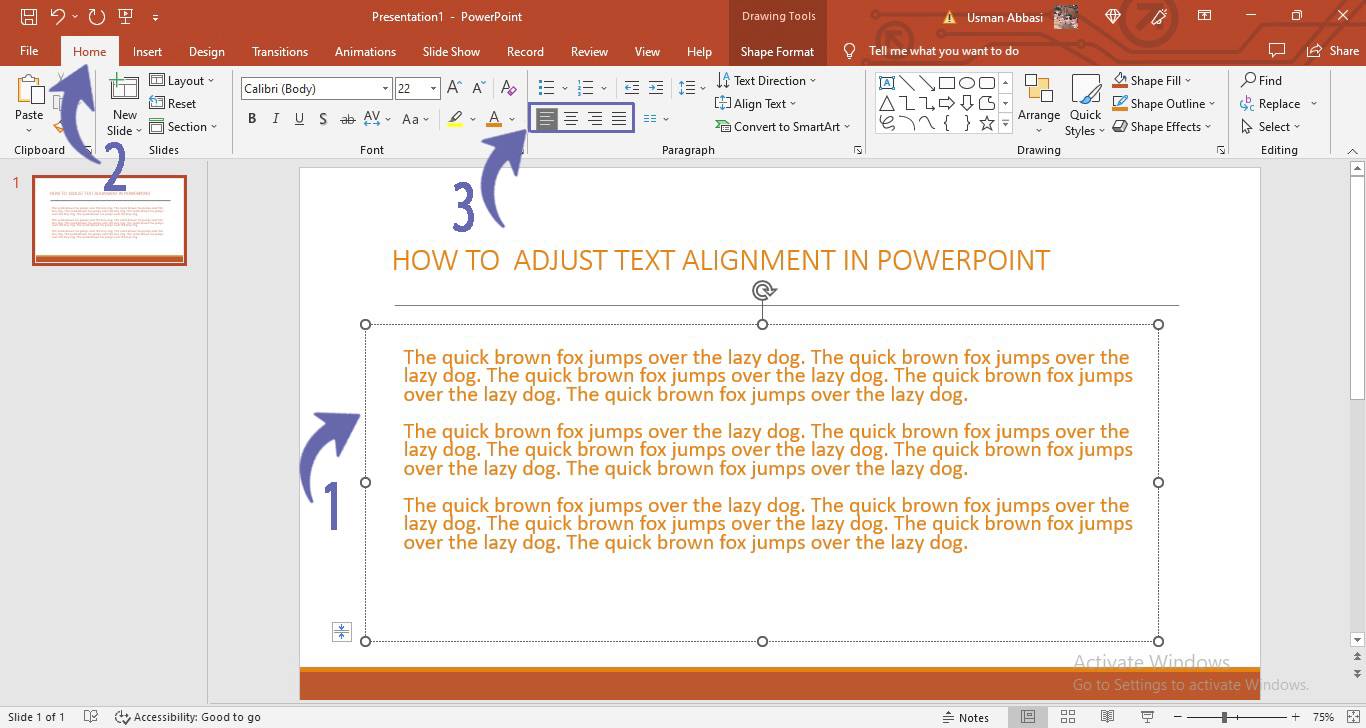 Adjusting horizontal text alignment in PowerPoint