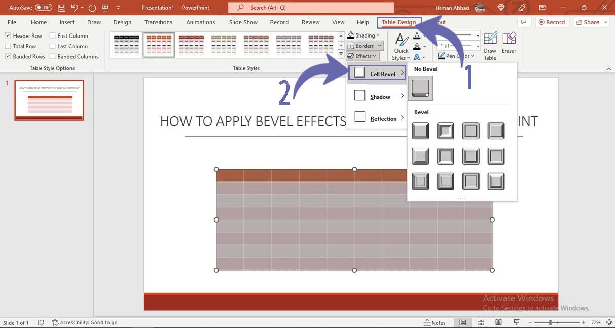 Applying effects to the table in PowerPoint