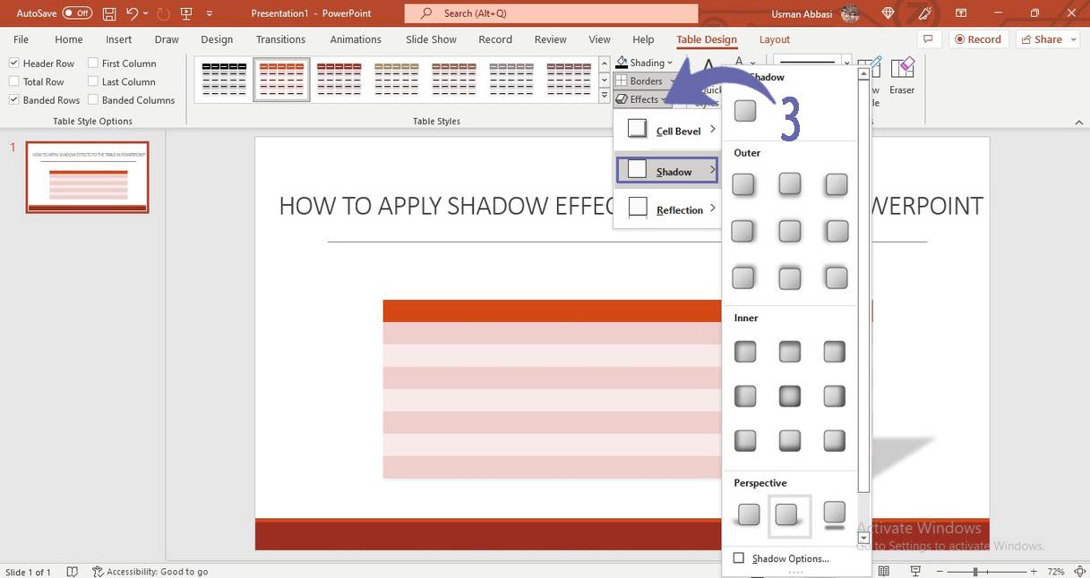 Applying effects to the table in PowerPoint