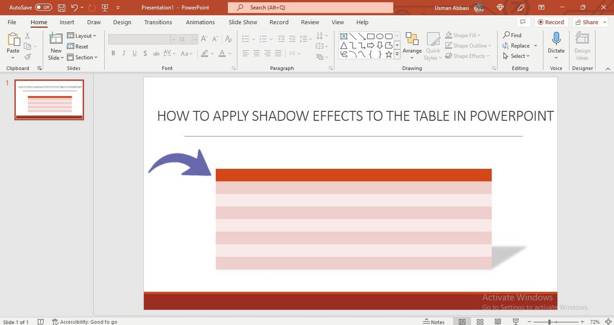 Applying effects to the table in PowerPoint
