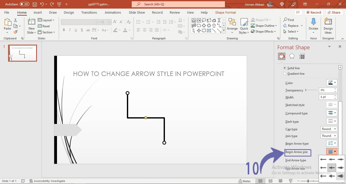 Changing the arrow styles of line in PowerPoint