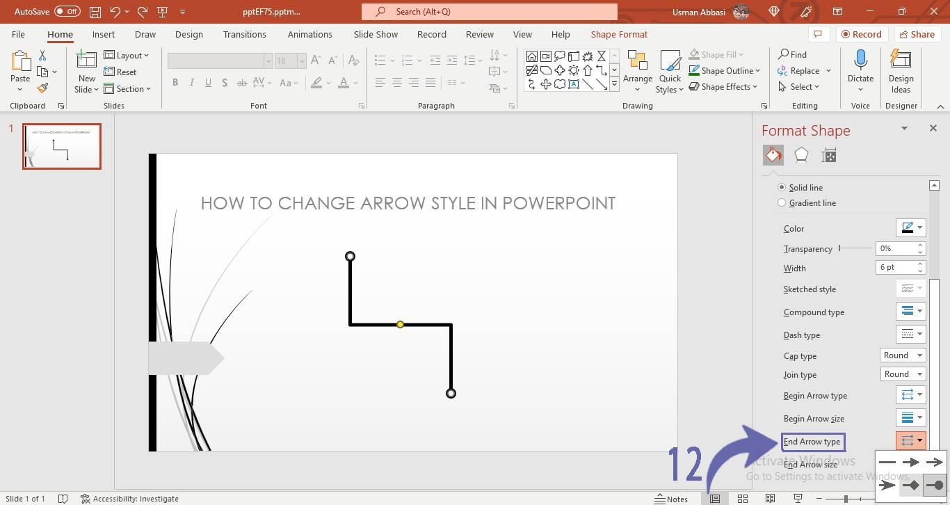 Changing the arrow styles of line in PowerPoint