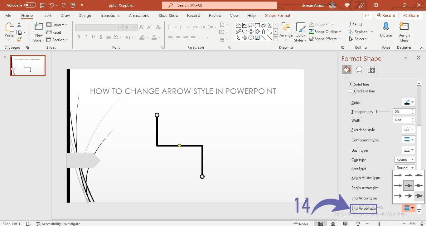 Changing the arrow styles of line in PowerPoint