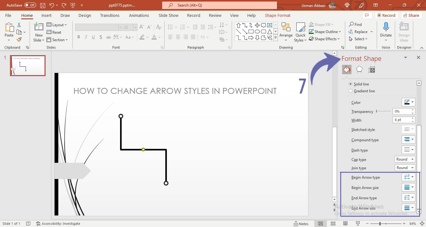 Changing the arrow styles of line in PowerPoint