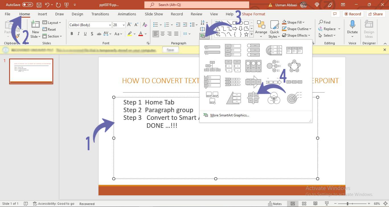 Converting simple text to smart art graphics in PowerPoint