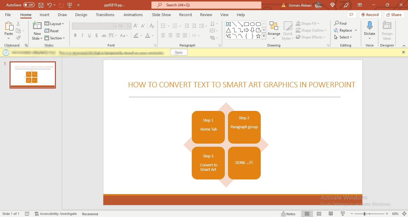 Converting simple text to smart art graphics in PowerPoint