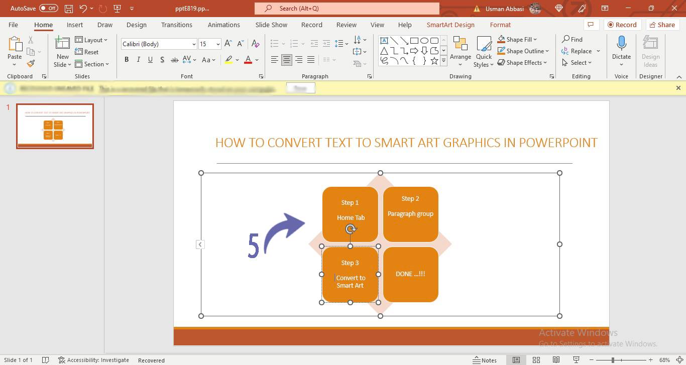 Converting simple text to smart art graphics in PowerPoint