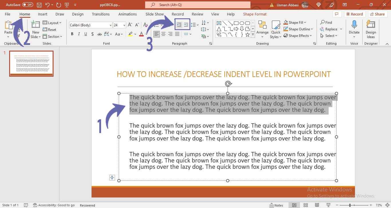 Adjusting Indent level in PowerPoint