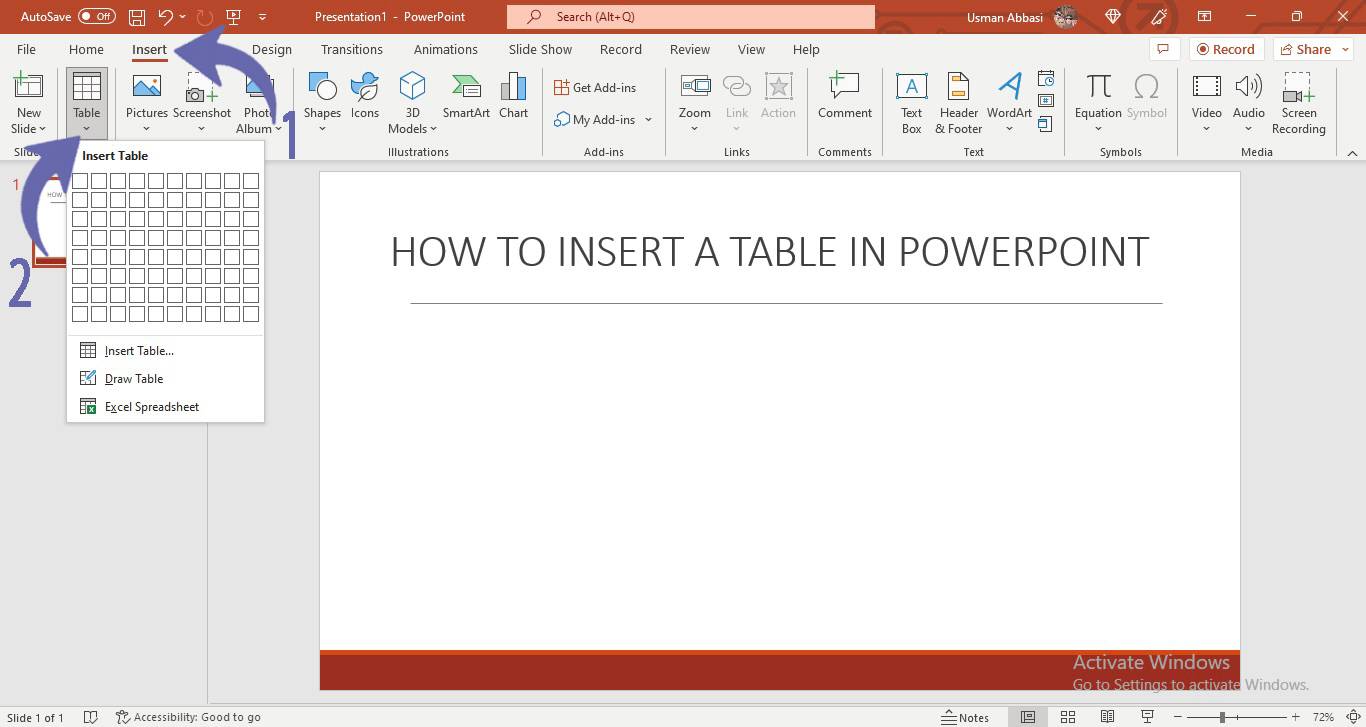 Inserting a table in PowerPoint