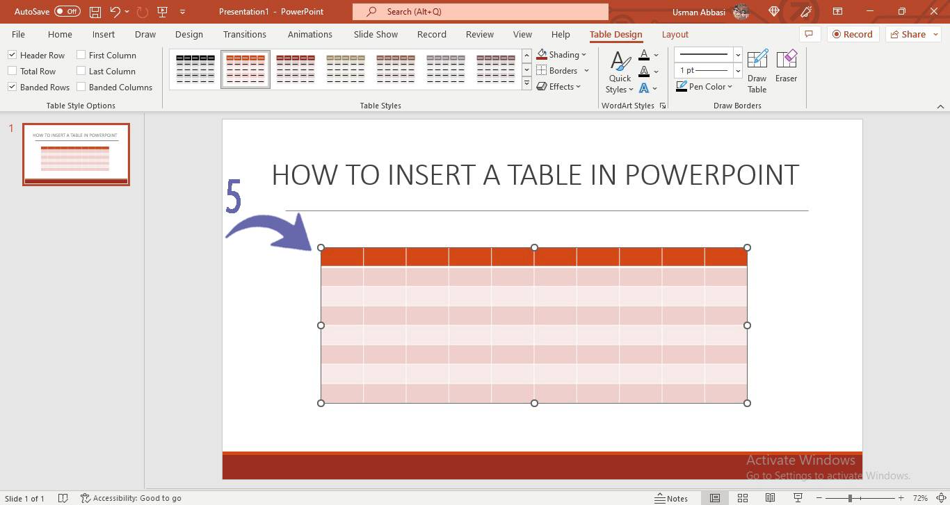 Inserting a table in PowerPoint