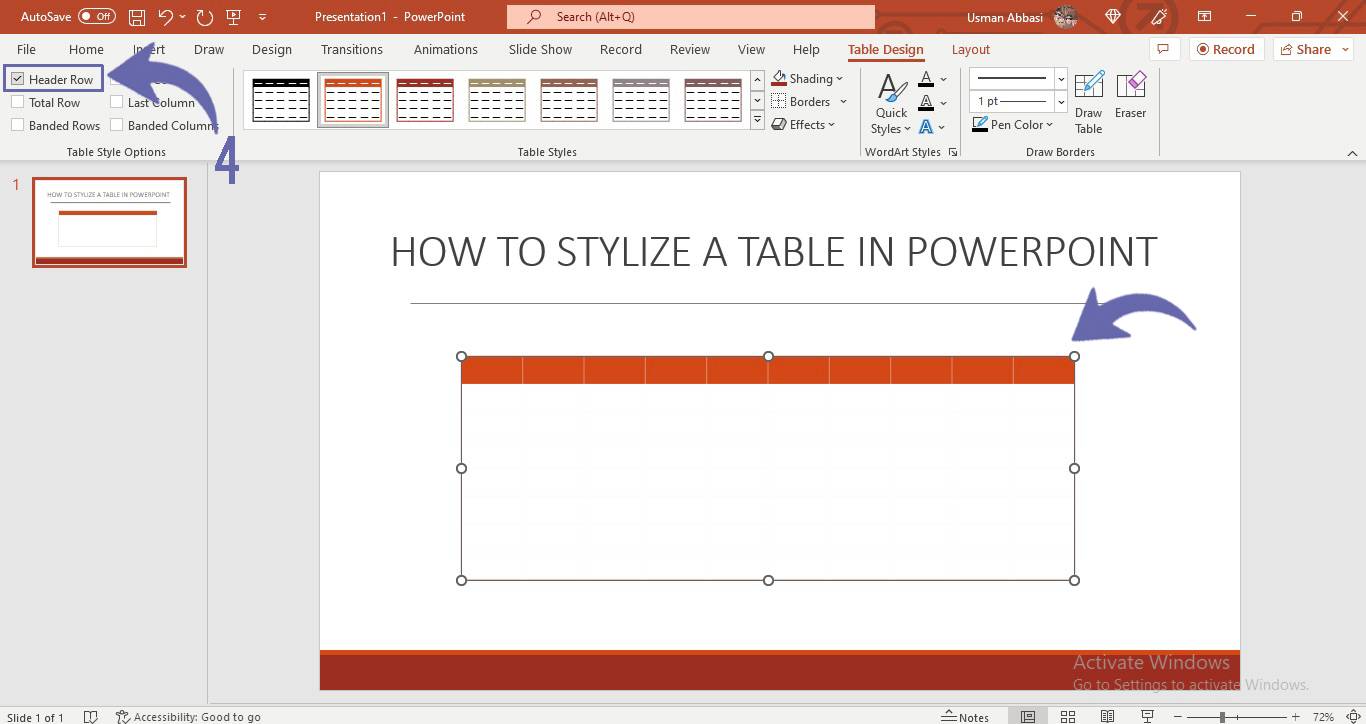 Styling table design in PowerPoint