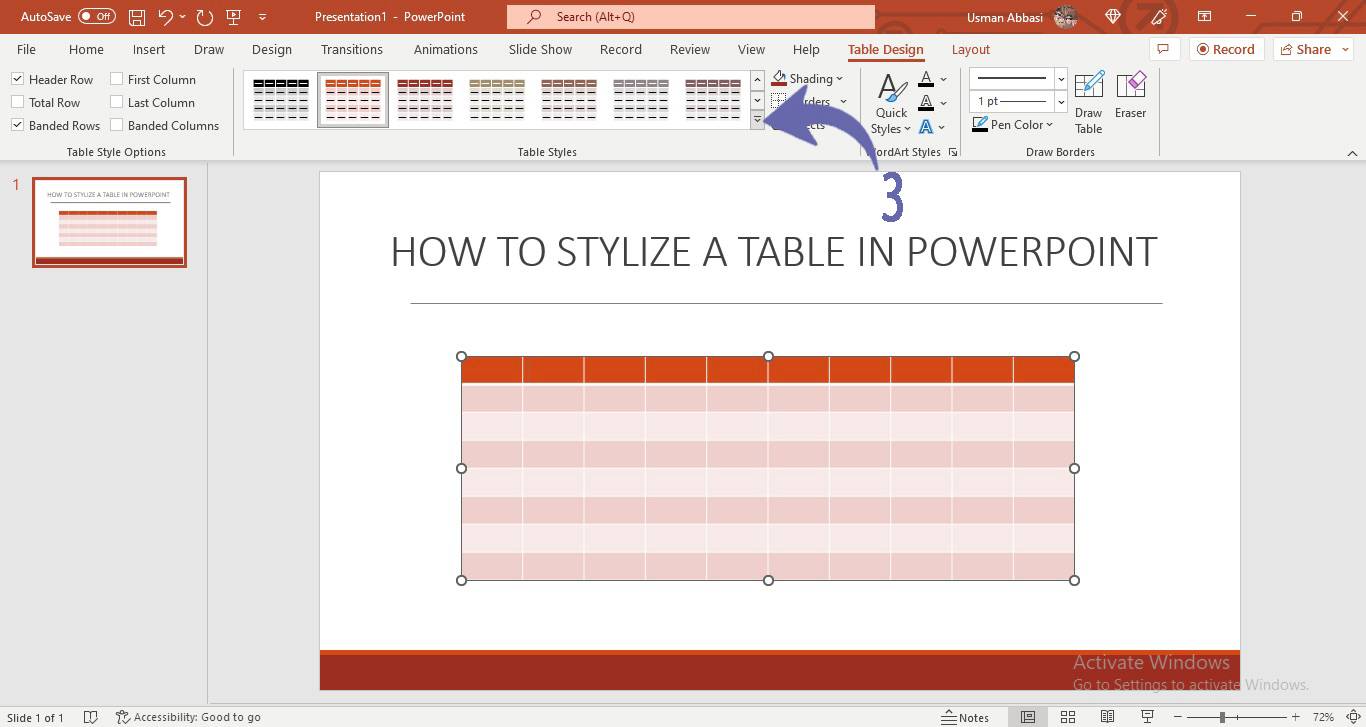 Customizing the table style options in PowerPoint