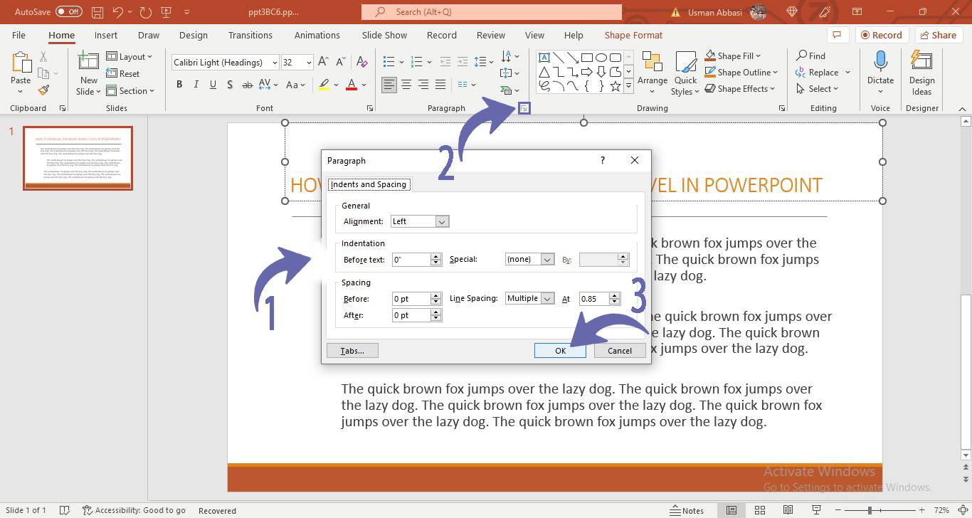 Adjusting character line spacing in PowerPoint