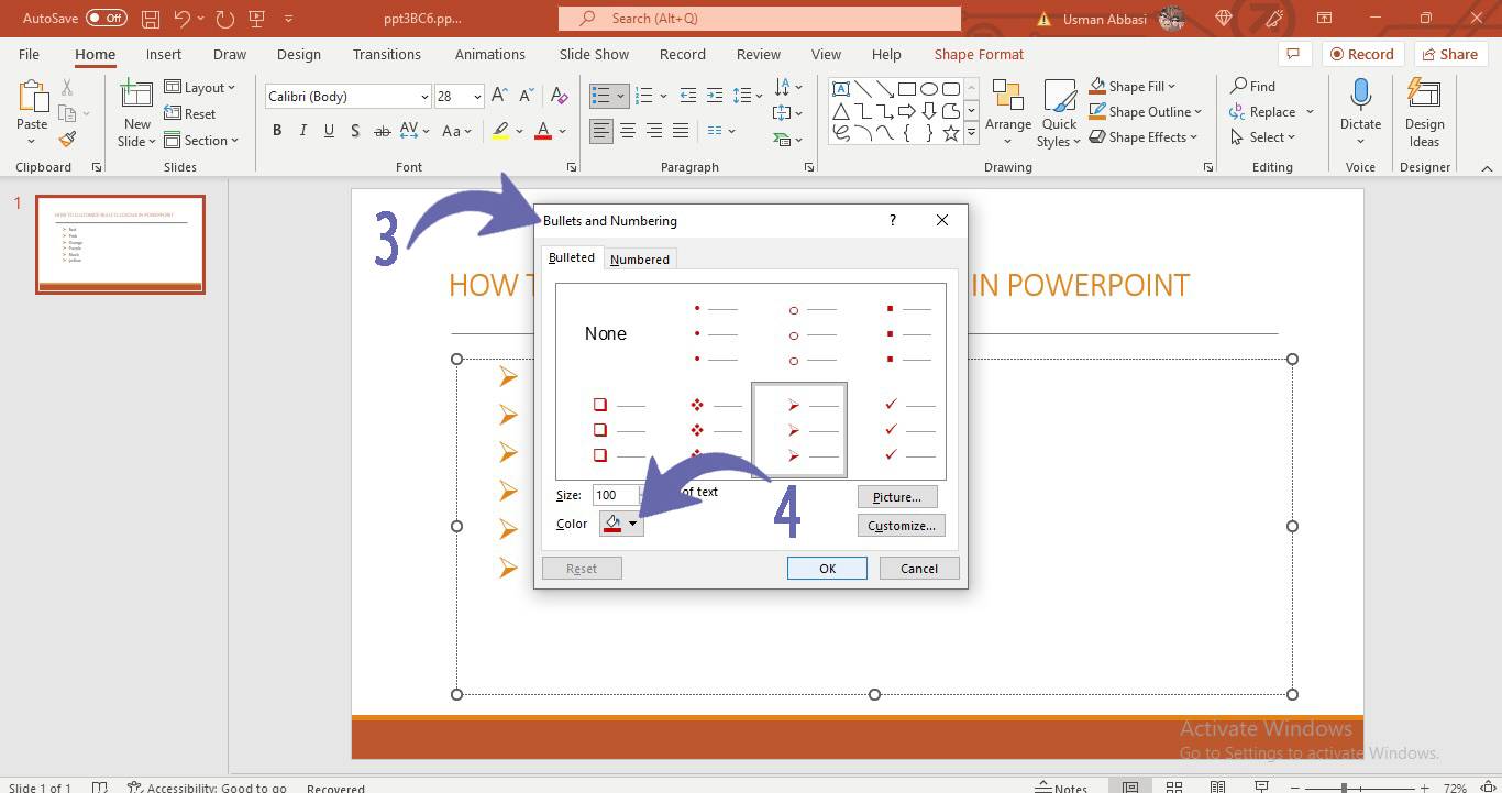 Customizing bullets colour in PowerPoint