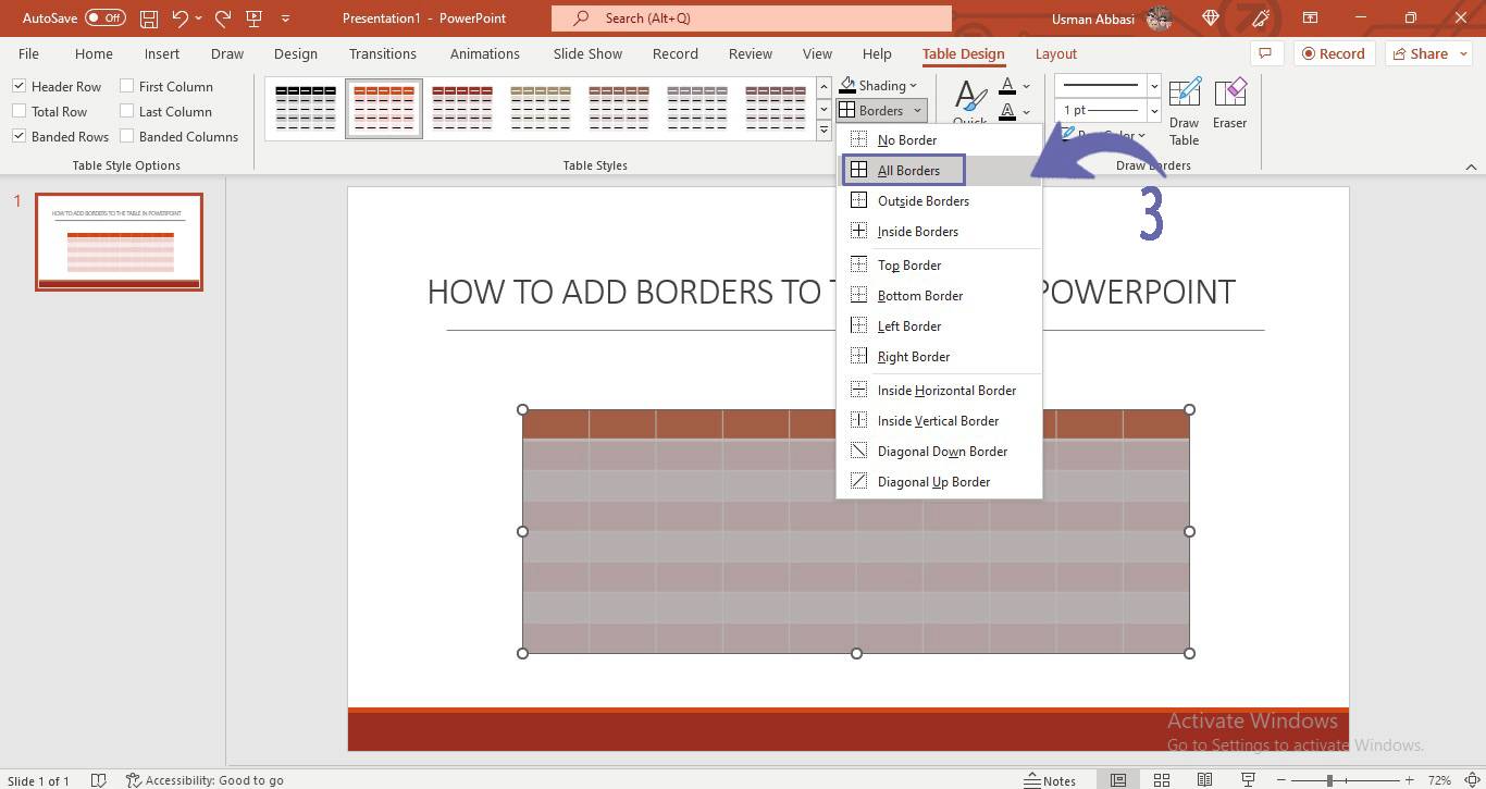 Adding borders to the the table in PowerPoint