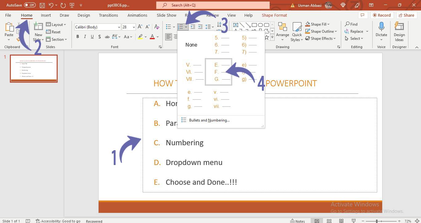 Adding number points to the paragraph in PowerPoint
