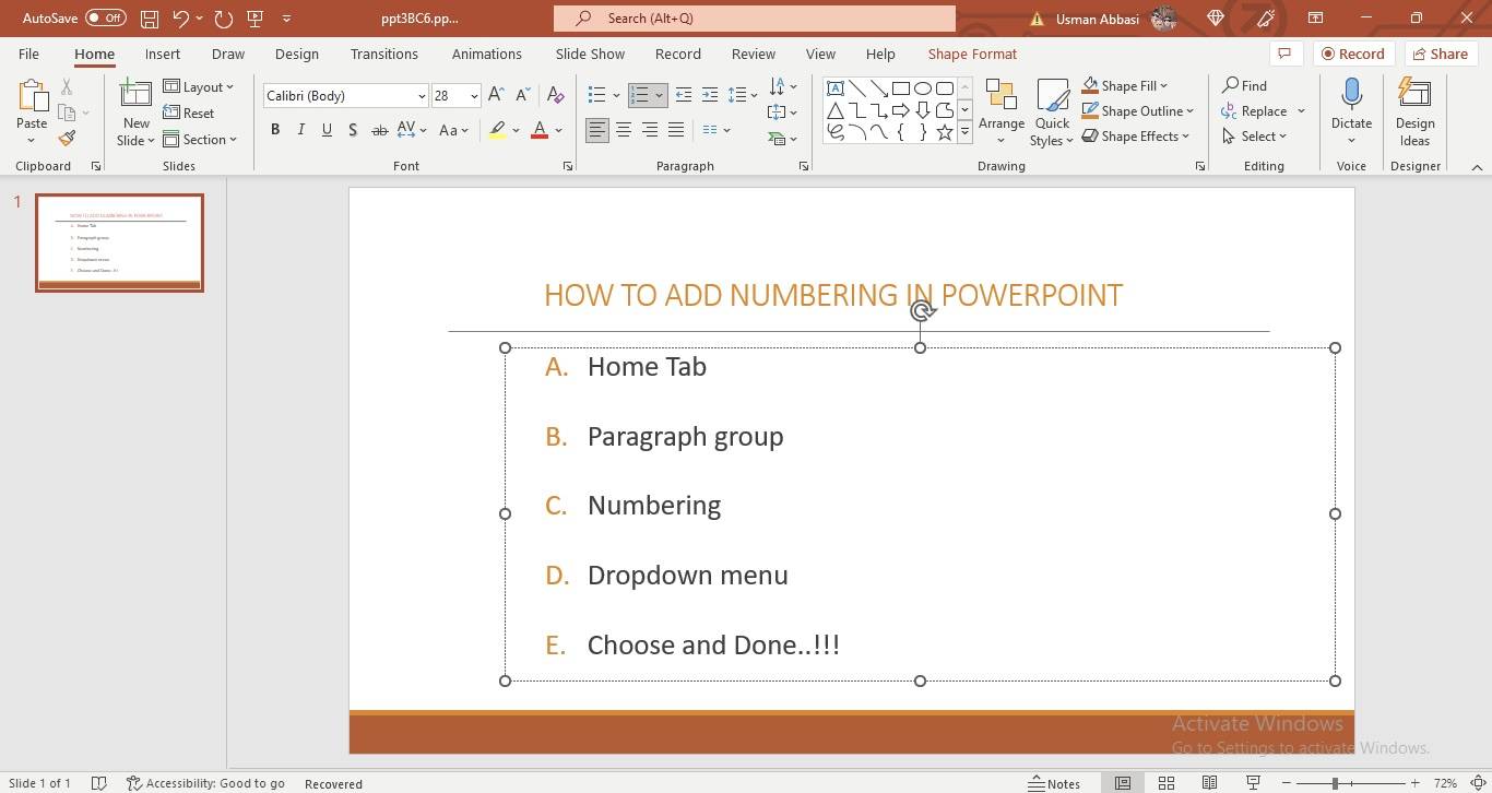 Adding number points to the paragraph in PowerPoint