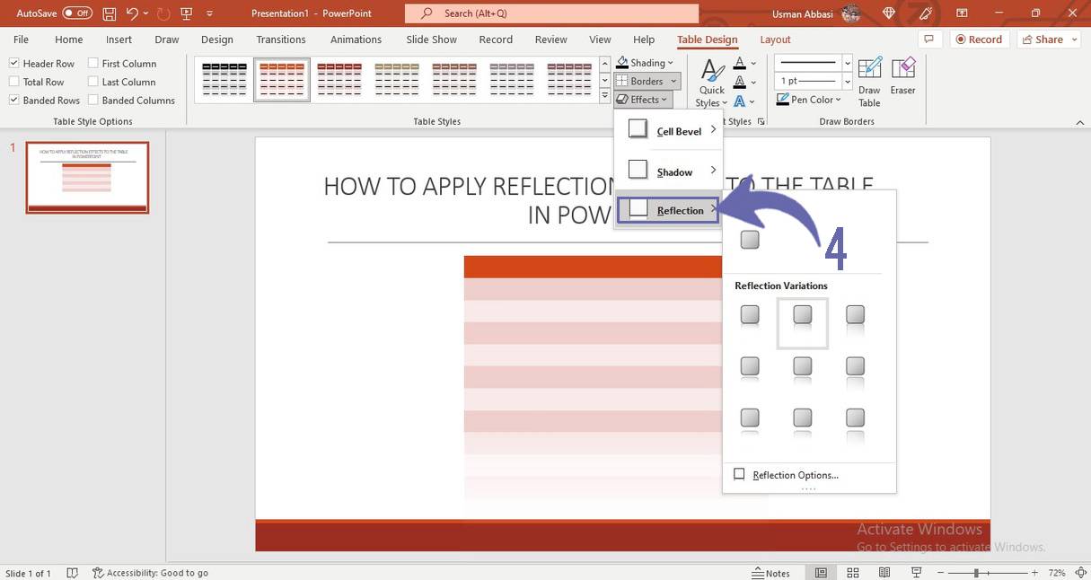 Applying effects to the table in PowerPoint