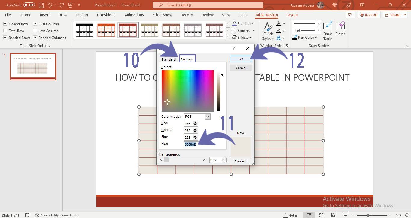 Customizing table colors in PowerPoint