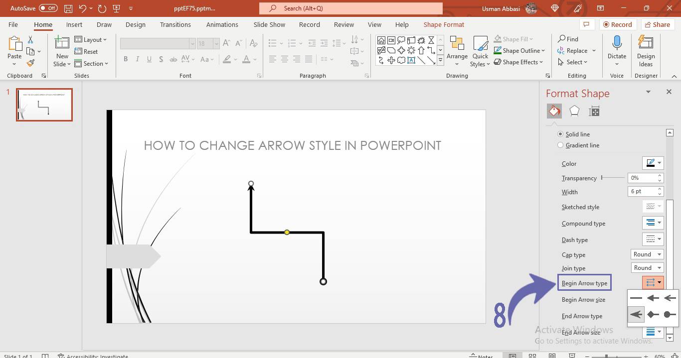 Changing the arrow styles of line in PowerPoint