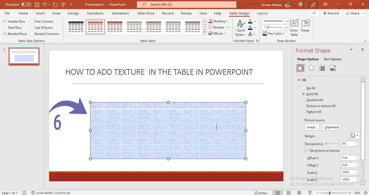 Texture filling in the table in PowerPoint