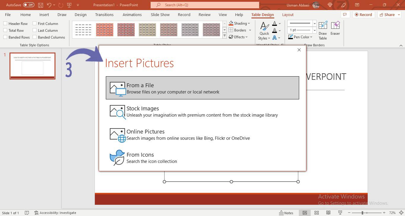 Inserting picture in the table in PowerPoint