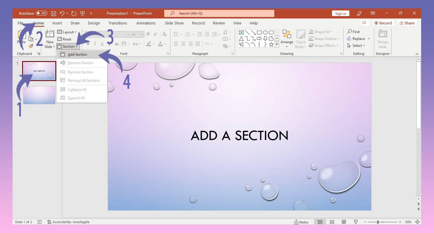 Adding a section in PowerPoint