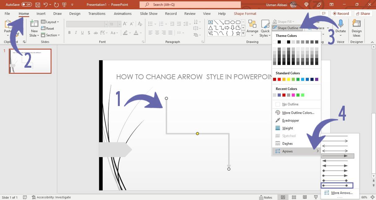 Changing the arrow styles of line in PowerPoint