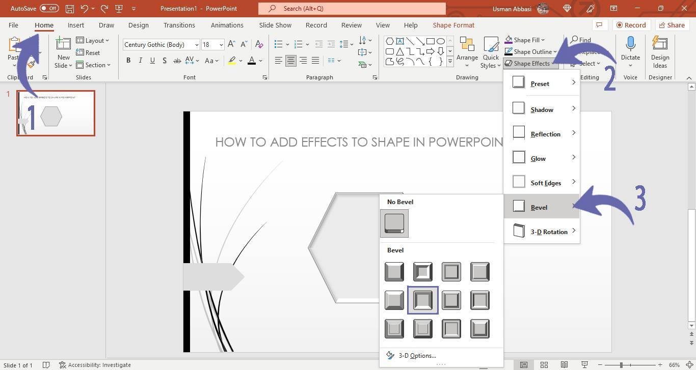 Applying bevel effect to the shape in PowerPoint