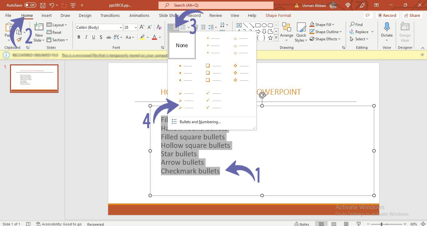 Adding and customizing bullet points in PowerPoint