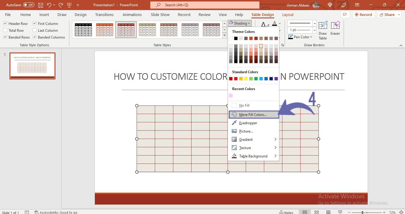 Customizing table colors in PowerPoint