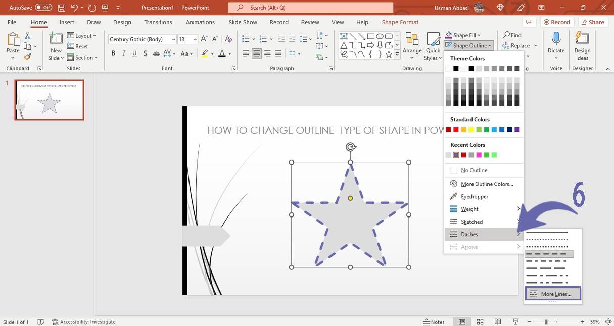 Changing the outline dashes style of a shape in PowerPoint