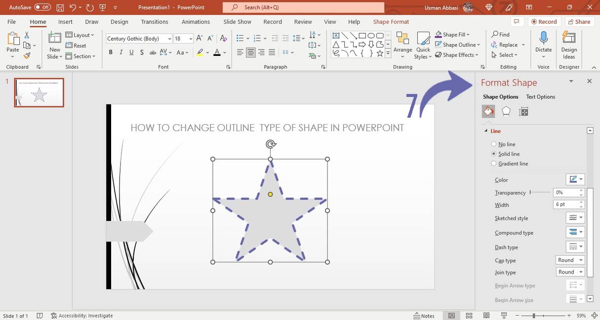 Changing the outline dashes style of a shape in PowerPoint