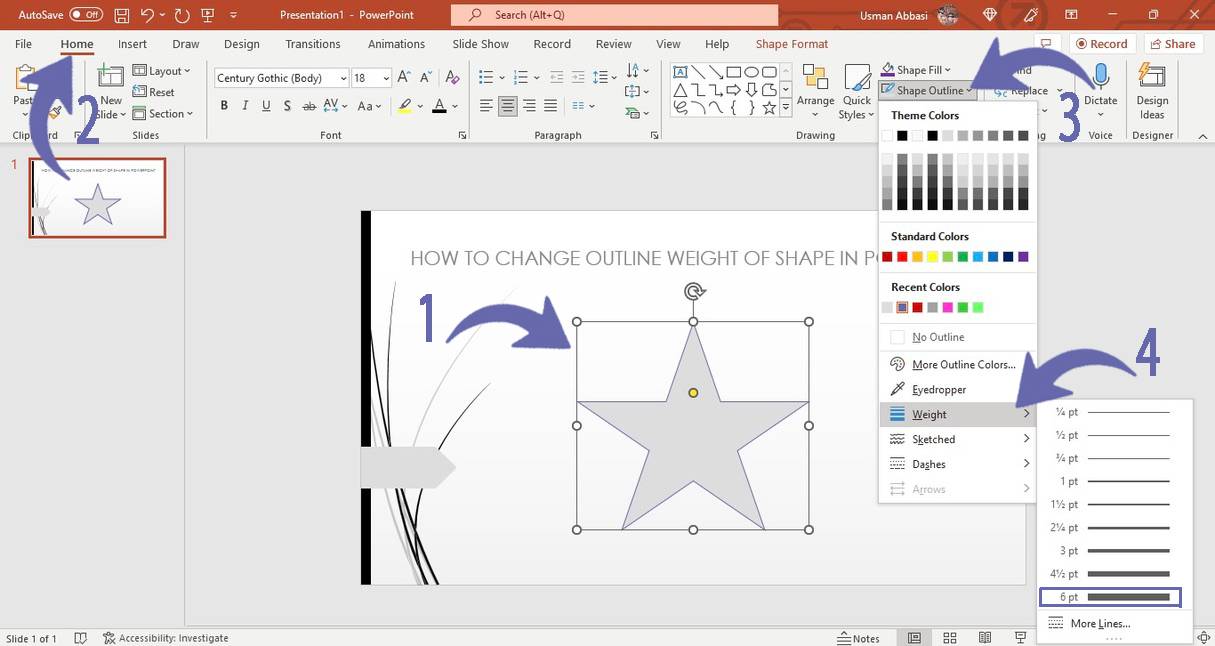 Changing shape outline weight in PowerPoint