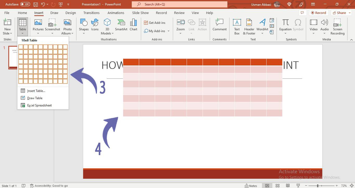 Inserting a table in PowerPoint