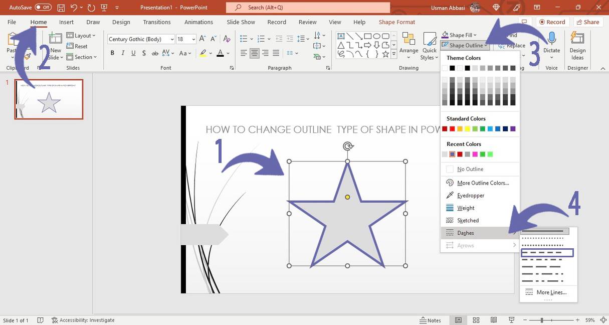 Changing the outline dashes style of a shape in PowerPoint